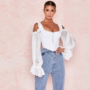House of CB “Claudette” White Corset Top with Drop Sleeves – Size Medium